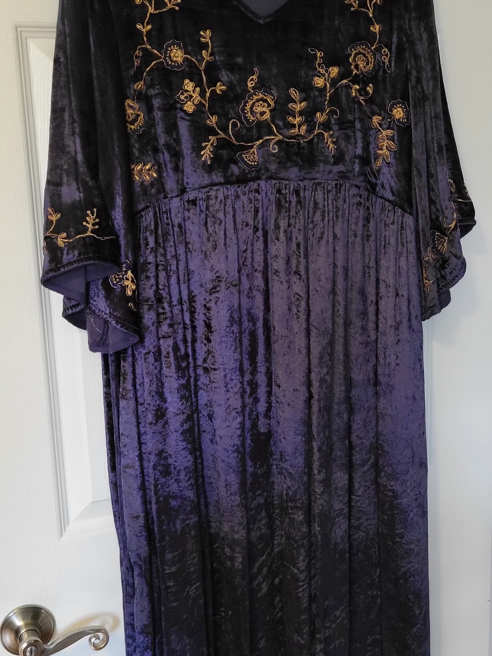 April Cornell Purple Velvet Maxi Dress with Gold Embroidery
